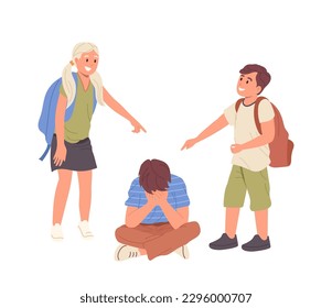 Group of little students bullying, suppressing and taunting child classmate vector illustration