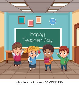 group of little students kids in classroom vector illustration design