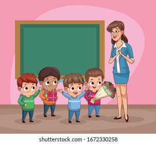 group of little students kids in the classroom vector illustration design