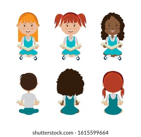 group of little students sitting characters vector illustration design