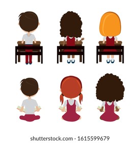 group of little students sitting characters vector illustration design