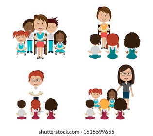 group of little students with teachers vector illustration design