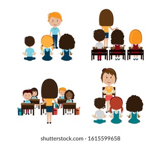 group of little students with teachers vector illustration design