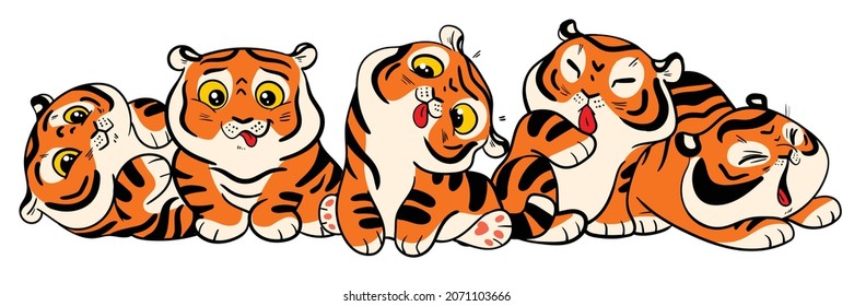 Group of little tiger cubs are sitting together. Symbol of the Chinese New Year. Colorful cartoon characters. Funny vector illustration. Isolated on white background