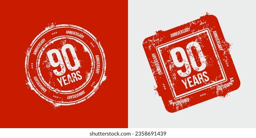A group of logos for the 90th anniversary, drawn as stamps, in red frames for the celebration. Grunge stamp texture. Holiday stamps. Collection of postage stamps. Vector round and rectangular stamps