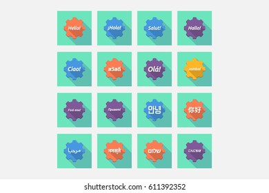 Group of long shadow gears with  the word hello in different languages