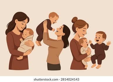 Group of loving mothers interacting with their infants by holding, lifting, and playing with them to show motherly affection.