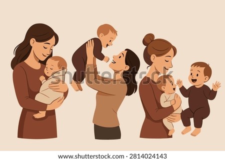 Group of loving mothers interacting with their infants by holding, lifting, and playing with them to show motherly affection.