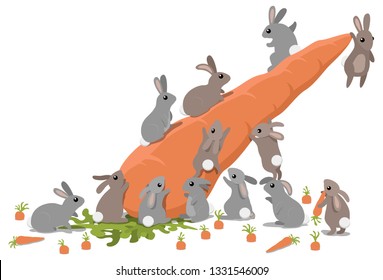 A group of lucky rabbits climbing over their giant carrot jackpot