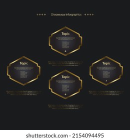 Grupo de botones de lujo diseño de plantillas de infografía y plantilla de botones de pasos dorados, Cuatro elementos dorados utilizados en vectores de elementos empresariales y financieros, ilustración