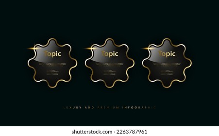 Group of luxury gold elements, three buttons set, symbol, Golden button and premium banner on dark background