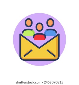 Group mailing line icon. Team of characters in open envelope outline sign. Message, communication, teamwork concept. Vector illustration, symbol element for web design and apps