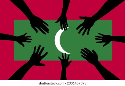Group of Maldives people gathering hands vector silhouette, unity or support idea, hand gathering silhouette on Maldives flag, teamwork and togetherness concept, union of society