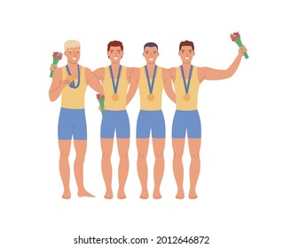 Group of male athletes with medals and flowers, a flat vector illustration isolated on a white background.