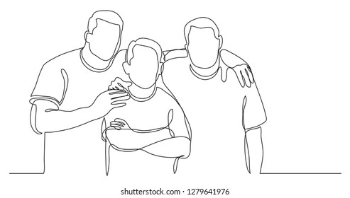 group of male athletes standing together - one line drawing