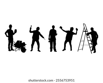 Group of Male Bricklayer Silhouette isolated white background. Vector Illustration
