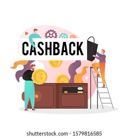 Group of male characters getting cash back money for online shopping, big dollar coins falling down into wallet with credit card, vector illustration. Money transfer, cashback concept for web banner.