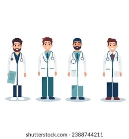 Group of Male doctors. Men are doctors with stethoscope, standing straight and wearing medical gown. Vector illustration in flat style. Vector doctor flat illustration concept