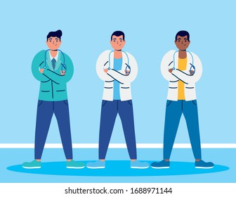 group of male doctors staff with medical icons vector illustration design