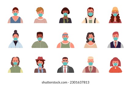 Group of male and female avatars in medical masks. User portraits. Different human face icons. Protection from viruses, bacteria, and flu. Flat cartoon style vector illustration.
