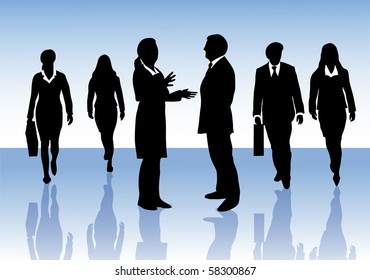 Group of male and female business people in silhouettes on blue background, walking forward, a woman and a man talking to each other.