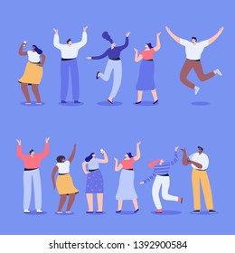 Group of male and female cartoon characters having fun. Happy friends. Flat colorful vector illustration in modern flat style.