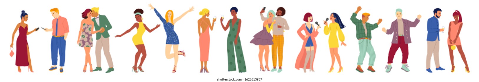 Group of male and female cartoon characters on the party. Dancing, chatting, drinking, singing, taking selfie people. Isolated vector illustration