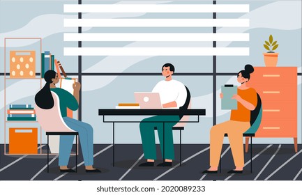 Group of male and female characters attending business meeting together. Concept of business people in office, planning, workflow, time management and presentation. Flat cartoon vector illustration