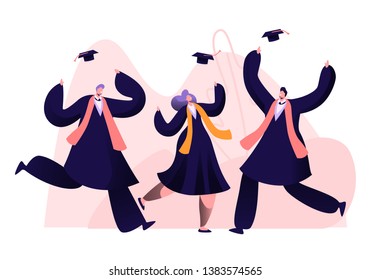 Group of Male and Female Characters in Graduation Gowns and Caps Rejoice, Jumping and Cheering Up Happy to Get Diploma Certificate and Finish University Education. Cartoon Flat Vector Illustration