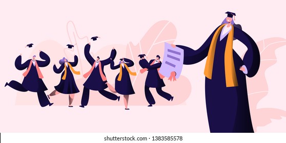 Group of Male and Female Characters in Graduation Gowns and Caps Rejoice, Jumping and Cheering Up Happy to Get Diploma Certificate and Finish University Education. Cartoon Flat Vector Illustration