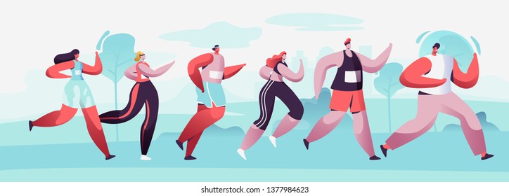 Group of Male and Female Characters Running Marathon Distance in Raw. Sport Jogging Competition. Athlete Sprinter Sportsmen and Sportswomen Run Marathon, Sprint Race. Cartoon Flat Vector Illustration