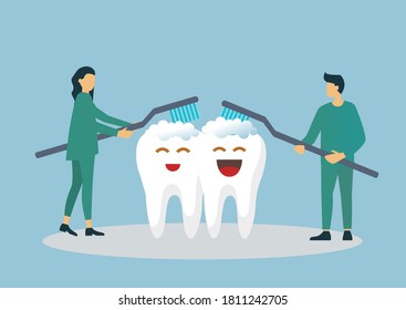 Group of male and female characters standing next to big tooth. Half of the tooth is dirty, the other is clean and white. Teeth hygiene and care.