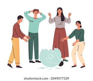 Group of male and female characters trying to fix a broken lightbulbs together on white background. Concept of finding ways to find new ideas for creative work. Flat cartoon vector illustration