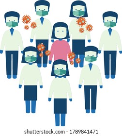 Group of male and female with coronavirus icon illustration