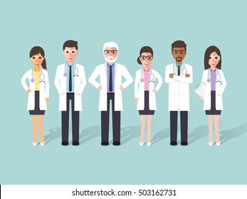 Group of male and female doctors, medical staff. Flat design people characters.