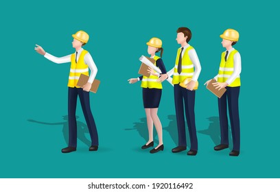 A group of male and female engineers in safty clothes holding files holding a work structure. and standing to inspect with one person pointing to the front for business concept,vector character