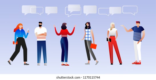 Group of male and female flat cartoon characters isolated on white background. Vector illustration. Business characters set, social networks, chat, dialogue speech bubbles