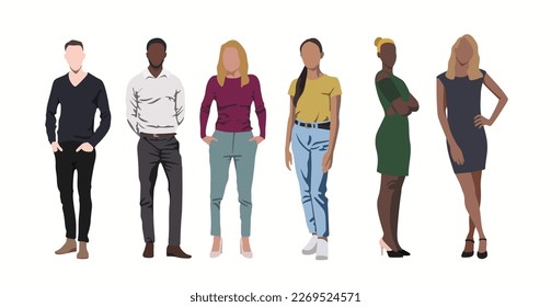 Group of male and female flat cartoon characters isolated on white background.Team of full body people. Vector illustration