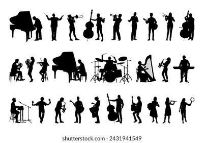 Group male and female musicians playing different musical instruments vector silhouette set collection.	