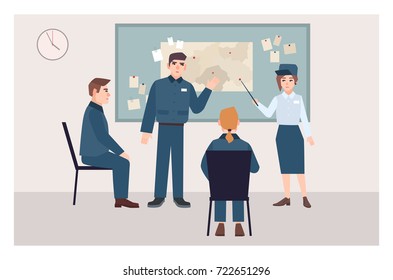 Group of male and female police officers sitting on chairs and standing beside pin board. Crime investigation process, evidence examination procedure. Flat cartoon characters. Vector illustration.