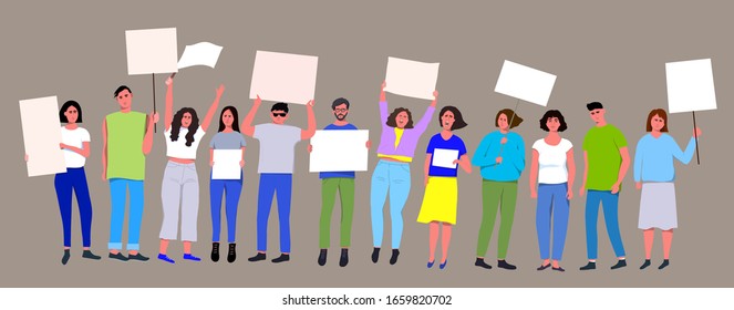 Group of male and female protesters or activists. Vector illustration.