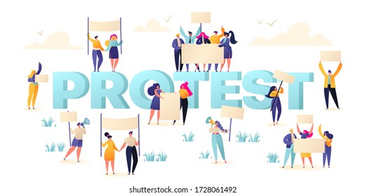 Group of male and female protesters, activists. Flat vector illustration with crowd of protesting people holding banners and placards. Men and women characters on political meeting, parade or rally. 