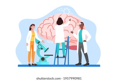 Group of male and female scientists studying human brain and mind memory. Concept of medical research using microscope. Head tomography and chemical experiment. Flat cartoon vector illustration