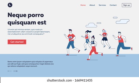 Group of male and female sportsmen running marathon. People in sportswear jogging flat vector illustration. Sport activities, competition concept for banner, website design or landing web page