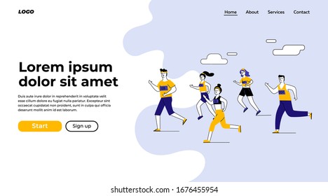 Group of male and female sportsmen running marathon. People in sportswear jogging flat vector illustration. Sport activities, competition concept for banner, website design or landing web page