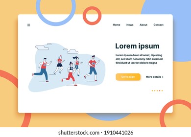 Group of male and female sportsmen running marathon. People in sportswear jogging flat vector illustration. Sport activities, competition concept for banner, website design or landing web page