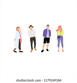 Group of male and female street wear flat cartoon characters.