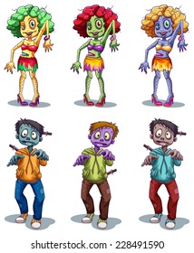  A group of male and female zombies on a white background