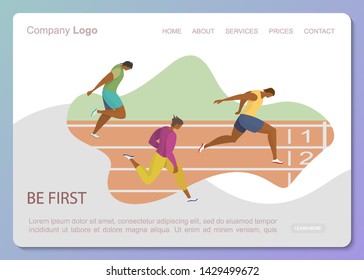Group Male Flat Characters Running Distance track. Sport Jogging Competition. Black Athlete men Sprinter Sportsmen Run Marathon, Sprint Race Network Landing Page Template. Cartoon Vector Illustration