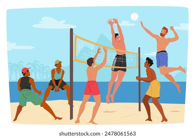 Grupo De Amigos Masculinos Personajes Disfrutando De Un Juego Competitivo De Voleibol Playa En Un Día Soleado Junto Al Mar. Ilustración vectorial De Dibujos Animados De Trabajo En Equipo, Atletismo Y Diversión En Un Hermoso Entorno Costero